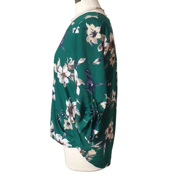 West Kei Womens Draped Surplice M Green White Floral LS Button Detail Festive - Picture 4 of 6